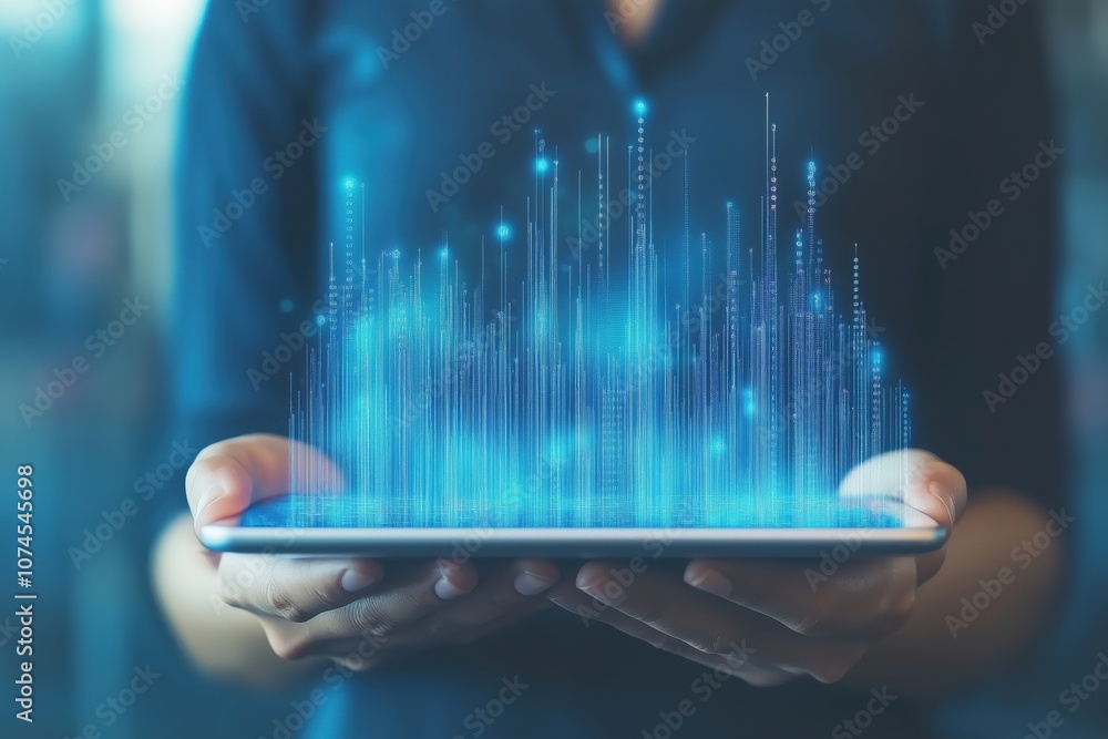 Aufkleber digital data visualization on tablet, person holding device with glowing graphs