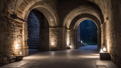 Nighttime corridor in a stone wall