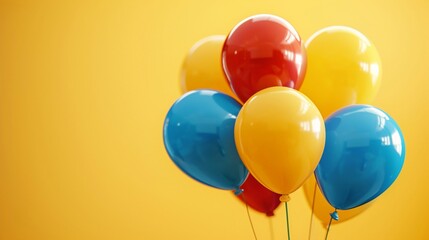Birthday card background, multicolored balls on a yellow background and copy space