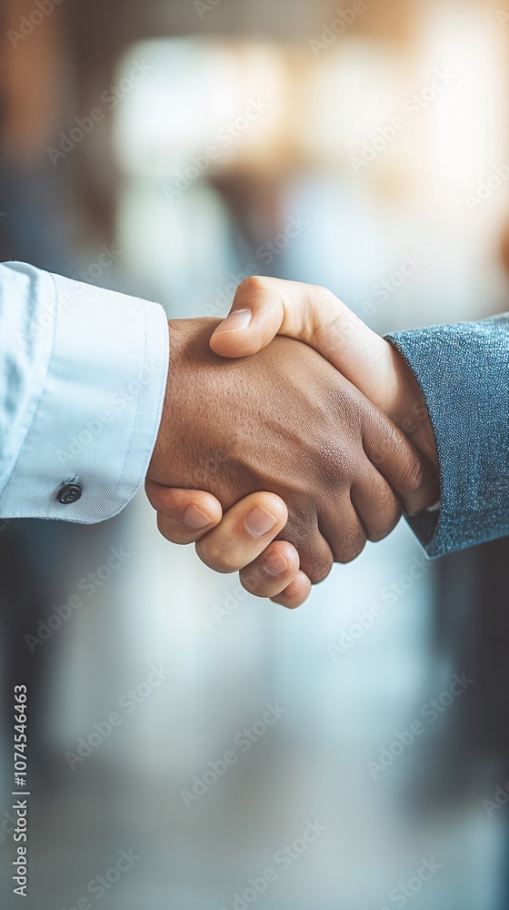 Poster a professional handshake between two executives in a bright corporate office symbolizing a successfu