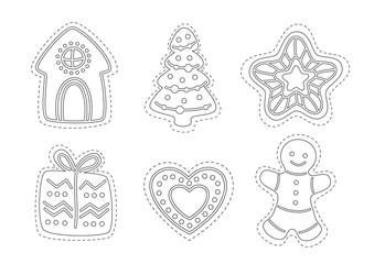 Coloring page for children with Christmas cookies, gingerbread, snowflakes, gifts . Worksheet for practicing motor skills kids. Vector illustration
