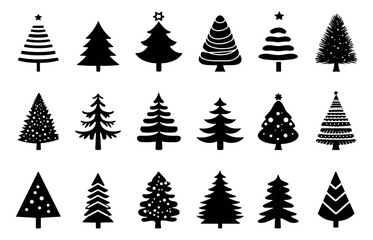 Obraz premium Christmas tree black icons set. Silhouettes of Evergreen trees with and without decor. simple shapes minimalism. web app new year element. Black and white simple flat style. Isolated vector on white