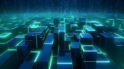 Obraz premium 3d rendering of mind green and blue abstract geometric background. Scene for advertising, technology, showcase, banner, game, sport, cosmetic, business, metaverse. Sci-Fi Illustration. Product displa