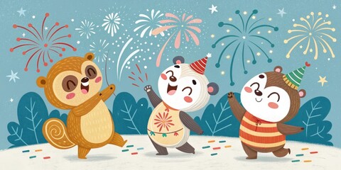 Naklejka premium Festive S Trio Three stylized Wood Ss in playful poses illustrated in a bright color palette with festive patterns and surrounded by celebratory fireworks perfect for the New Year.