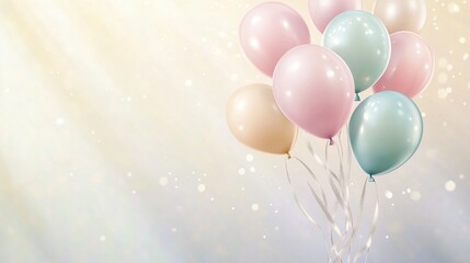 A serene background of pastel-colored balloons gently floating against a soft, sunlit backdrop, with glistening ribbons flowing downwards, perfect for a minimal yet elegant birthday card.