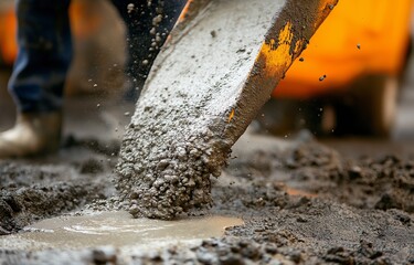 Pouring concrete onto a building site from a mixer truck.