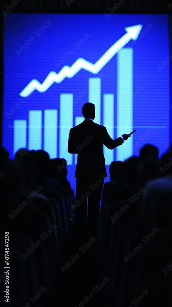 Poster A confident presenter leading a team meeting with a large digital screen showing a company growth chart symbolizing leadership with side empty space for text Stockphoto style