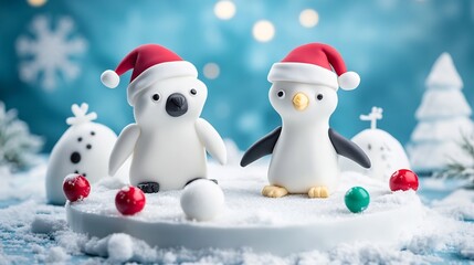 Whimsical and charming winter scene featuring cartoon polar bear and penguin characters wearing festive Santa hats surrounded by mini igloos snowballs and a cozy snowy holiday atmosphere