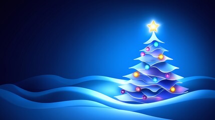 Elegant Blue Christmas Tree with Colorful Ornaments Under a Star, Set Against a Melodic Winter Landscape in Soft Blue Tones for Holiday Celebrations