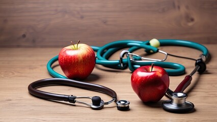 A wooden table with a red apple and a stethoscope. notion of health care.-