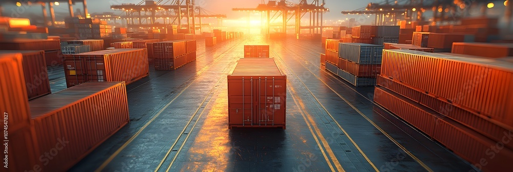 Poster container ship port at sunset with multiple cargo containers and cranes in a global logistics and sh
