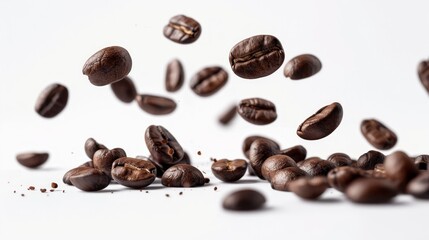 Obraz premium A bunch of coffee beans and falling coffee beans on a white background