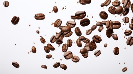 Obraz premium A bunch of coffee beans and falling coffee beans on a white background 