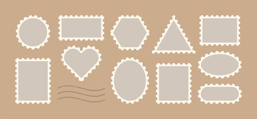 Postage Stamp Vector Frames Set. Postal Shapes Border. Vintage Triangle, Rectangle,Oval, Circle, Heart Postmark Blank Template For Letter, Post Card, Web Design.