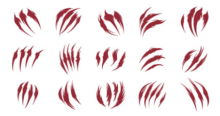 Fototapeta premium Claw scratches set. Shred from animal claw. Bloody scar marks signs. Halloween monster, lion, tiger, bear paw trace. Scary spooky poster sticker. Red color simple flat style isolated vector on white