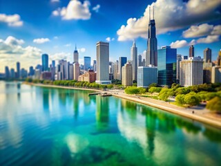 Obraz premium Stunning Tilt-Shift Photography of Chicago's Lakefront with City Buildings Reflected in Serene Waters, Capturing Urban Beauty and Tranquility in a Unique Perspective