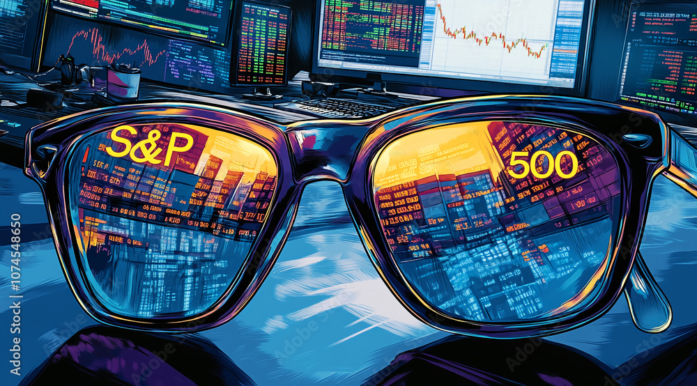 Poster a pair of sunglasses reflecting a stock market screen displaying the s&p 500 index