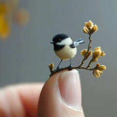 Fototapeta premium A tiny ladybug perched on someone's finger, gently resting, its delicate wings shimmering in the sunlight.