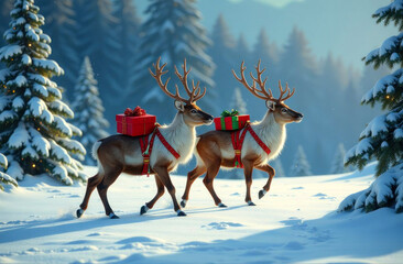 Two reindeer with colorful gifts stroll through a snow-covered forest in a picturesque winter landscape