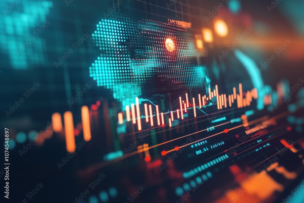 Poster digital financial data visualization with graphs and world map