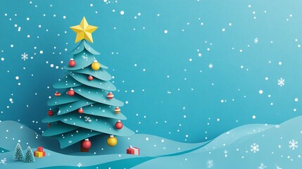 Festive Christmas Tree with Colorful Ornaments and Star on Top, Surrounded by Gifts in a Winter Wonderland with Snowflakes Falling