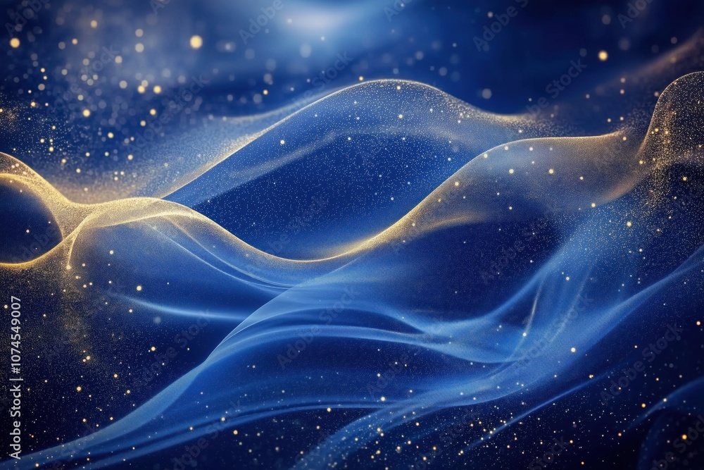 Poster abstract blue waves with golden sparkles, smooth flowing patterns, ethereal design