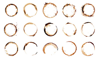 Coffee cup stains set. Top view. Dirty brown round print from the cup. Menu coffee shop frame decoration design element. Circular drops and spots. Cartoon style isolated vector clipart collection