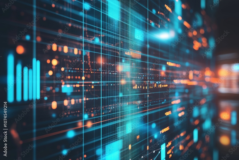 Poster digital data visualization with glowing lines and grids, abstract technology background