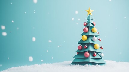 Festive Paper Christmas Tree Decorated with Colorful Ornaments and Star on Blue Background Surrounded by Artificial Snowflakes