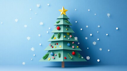 Festive Paper Christmas Tree Decoration with Colorful Ornaments and Snowflakes Against a Light Blue Background for Holiday Celebrations and Seasonal Themes