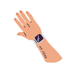 Human hand with tattoo and wristwatch for sports training top view. Person with modern device to measure time, pulse. Digital watches on wrist. Flat isolated vector illustration on white background