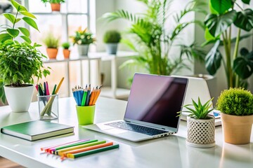Stylish and Inviting Workspace Featuring a Laptop, Lush Green Plants, and Colorful Stationery on a Bright White Desk for Modern Productivity and Inspiration