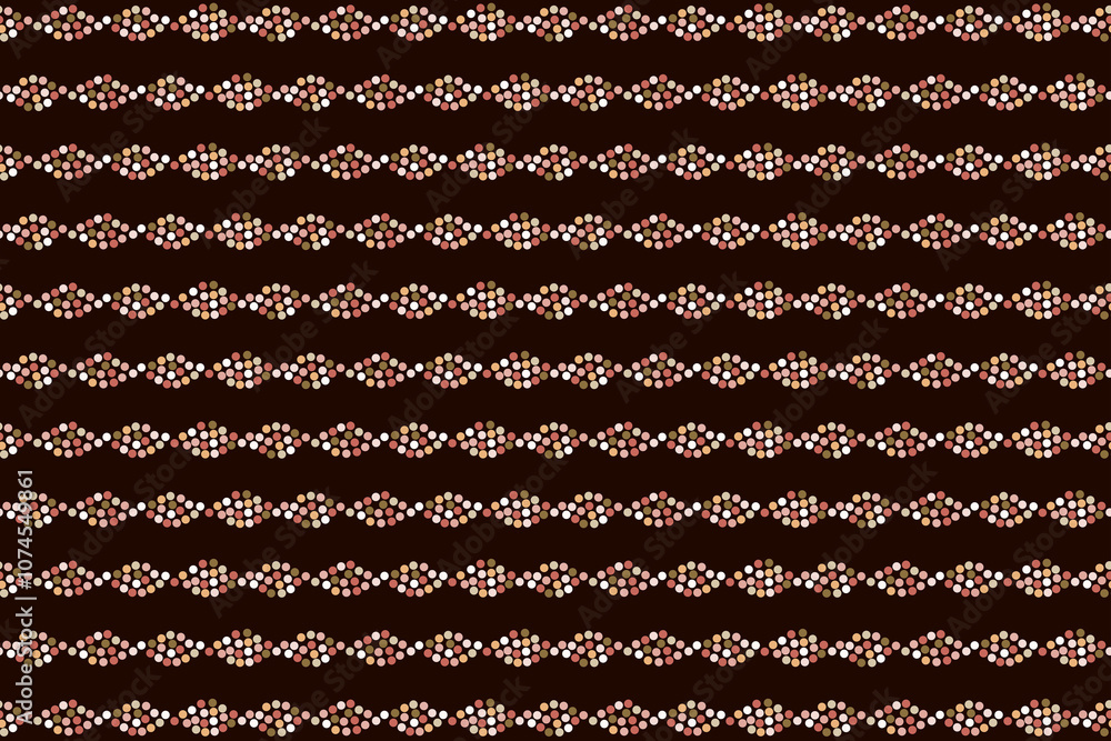 Poster intricate pattern of dots and curves creating rhythmic waves against a dark background