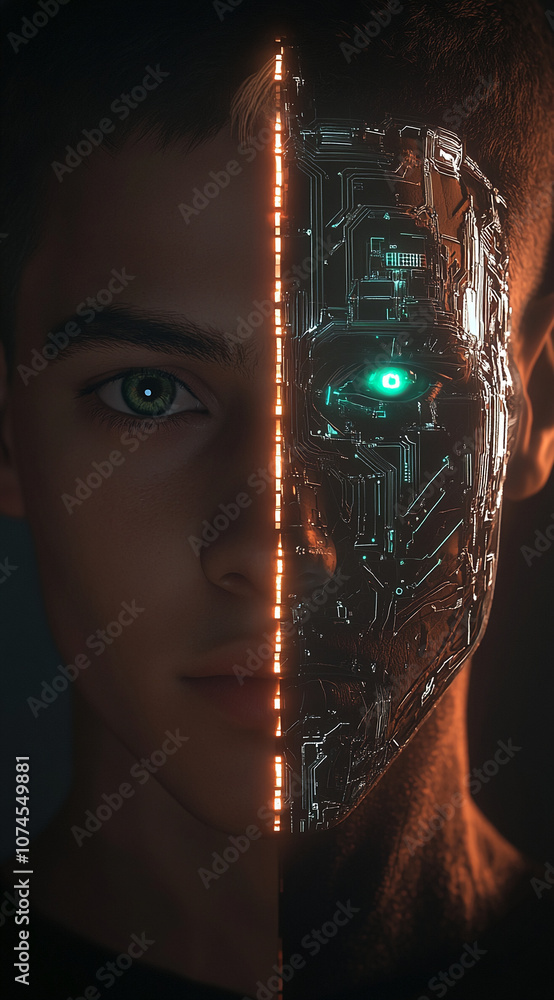Poster A digital rendering of a human face merging with a robotic one, with a bright line of light separating them. The robot side is made of intricate circuits and a glowing green eye