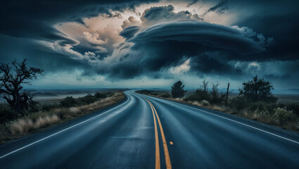 荒れた空と孤独な道が不安を掻き立てる嵐への道としてドラマチックに表現。生成AI