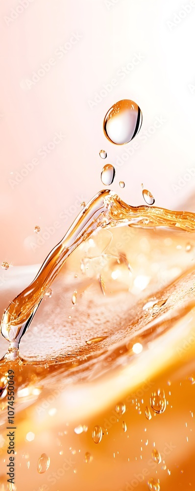Poster golden liquid splash with drops and bokeh effect.