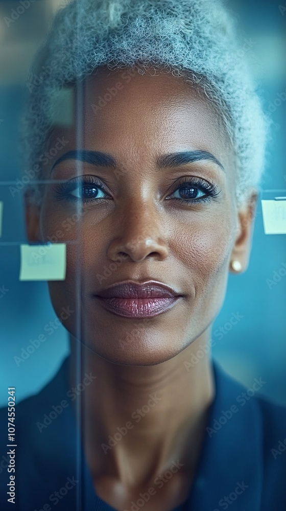 Poster A diverse business team in a modern open office brainstorming ideas on sticky notes placed on a glass wall symbolizing creativity and teamwork with side empty space for text Stockphoto style
