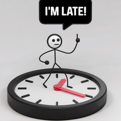 Stick Figure on Clock with 'I'm Late' Speech Bubble