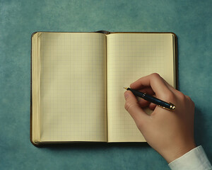 Top view: businessman hand writing in an open notebook