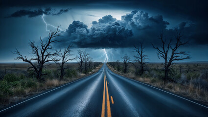 Fototapeta premium 嵐を前にした孤独な道が荒れ狂う空と共に迫力あるドラマチックな風景を描く。生成AI