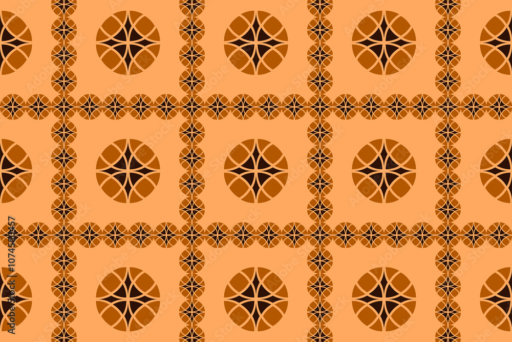 Poster intricate geometric patterns in warm orange tones creating a vibrant textile design
