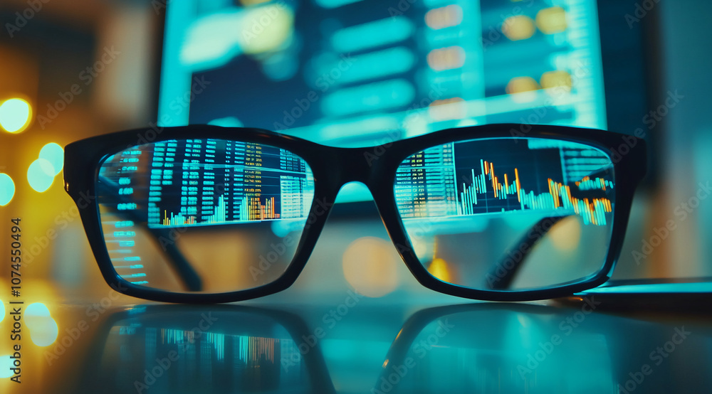 Poster a pair of black-framed glasses sits on a desk, reflecting a computer screen displaying a blue and ye
