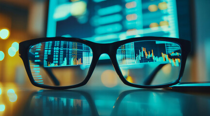 A pair of black-framed glasses sits on a desk, reflecting a computer screen displaying a blue and yellow data chart