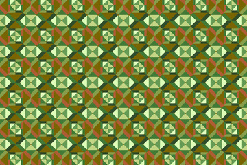 A vibrant geometric pattern of interlocking shapes in greens and browns