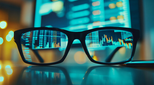 A pair of black-framed glasses sits on a desk, reflecting a computer screen displaying a blue and yellow data chart