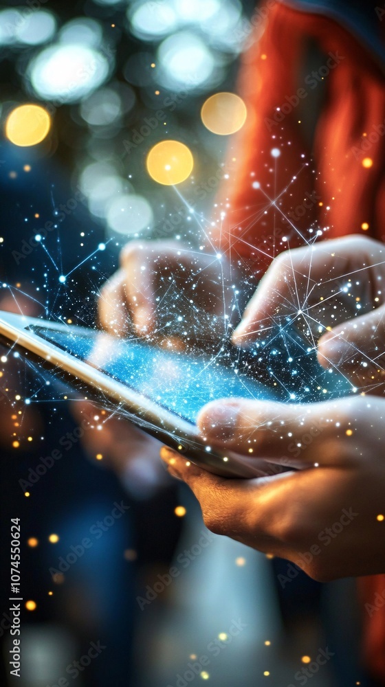 Poster a team of creative professionals gathered around a digital tablet discussing a project in a bright a