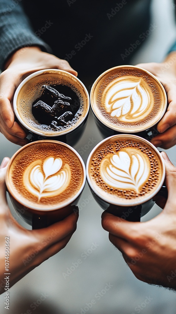 Poster a close-up of hands clinking coffee cups in celebration of a job well done in a stylish office break
