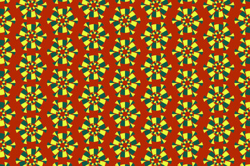 Colorful floral pattern design with vibrant shapes on a warm red background