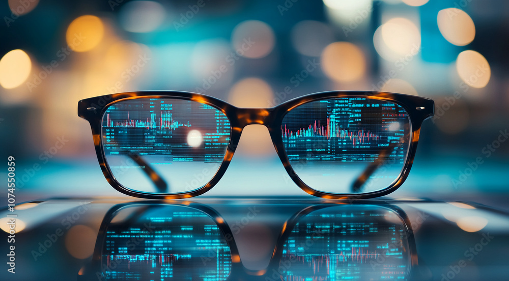 Poster A pair of tortoiseshell glasses rest on a table, reflecting a blue screen of code. The lenses are clear, showcasing the code in the reflection