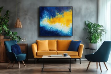 Modern living room with vibrant abstract painting, yellow sofa, green plants
